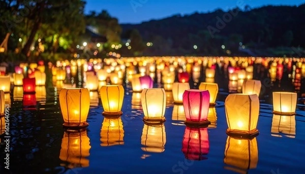 Fototapeta Illuminated floating lanterns at dusk on a lake with peaceful night scene.