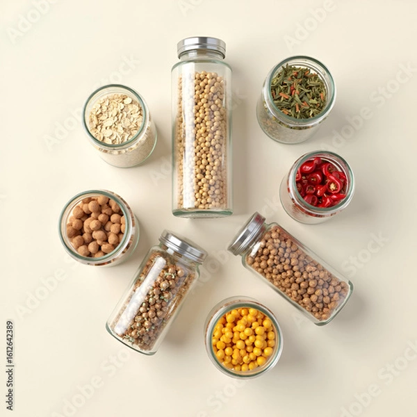 Obraz Unlabelled Pantry Jars with Grains and Spices – Top View 3D

