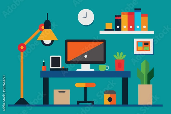 Fototapeta Modern flat design office workspace with computer lamp and plants