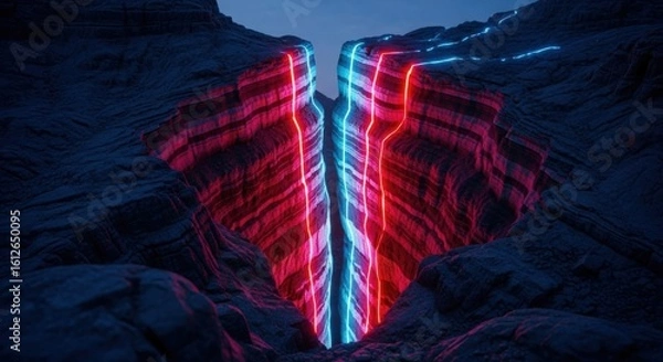 Obraz vibrant red and blue neon lights glow within a dark rocky canyon crevice