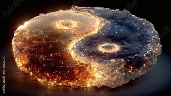Fototapeta Yin Yang Symbol Made of Glowing Cosmic Ice with Stars and Light Effects