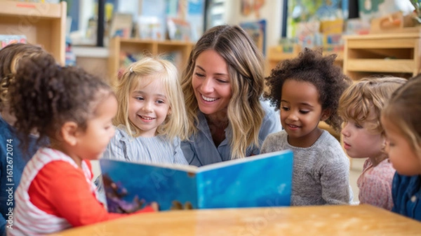 Fototapeta A teacher joyfully reads a book to a diverse group of young children gathered around a table in a colorful classroom. Education Photography
