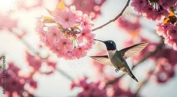 Obraz Hummingbird feeding on pink cherry blossoms with wings spread in soft sunlight setting outdoors