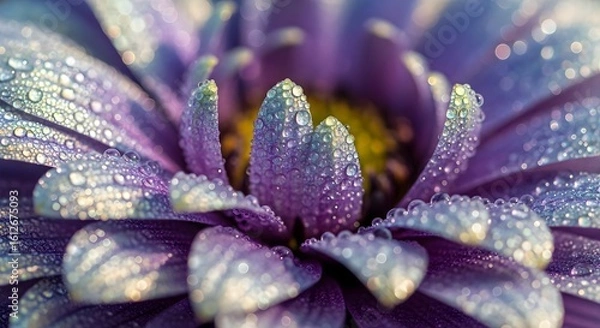 Obraz Close up shot of a purple flower with water droplets on its petals and a yellow center visible