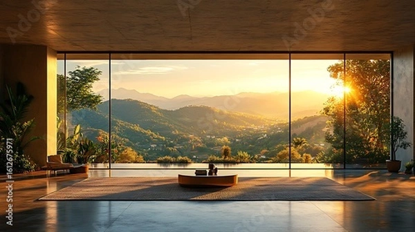 Obraz Panoramic sunset view from modern house interior