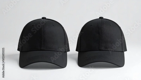 Fototapeta Two black baseball caps mock up on white background Blank apparel.