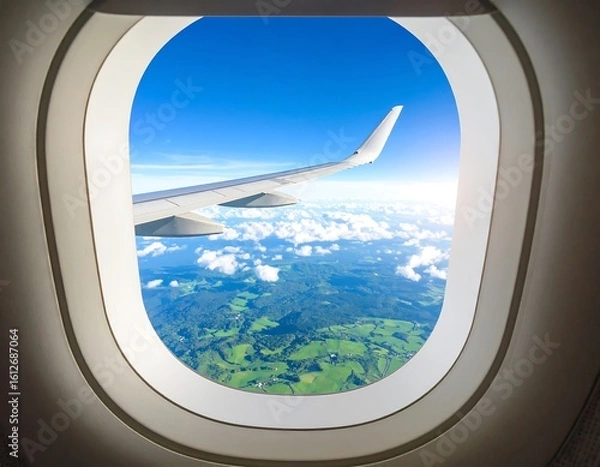 Fototapeta Airplane window view of landscape