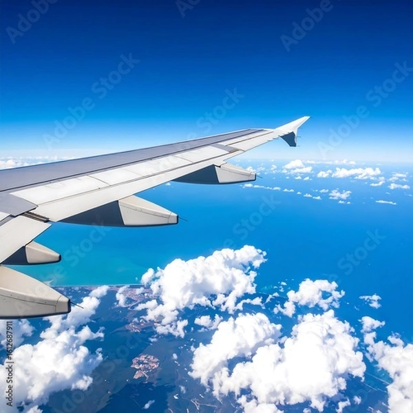 Fototapeta Airplane wing over a vast ocean and clouds