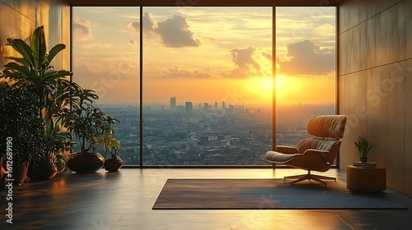 Obraz Modern interior with city view at sunset