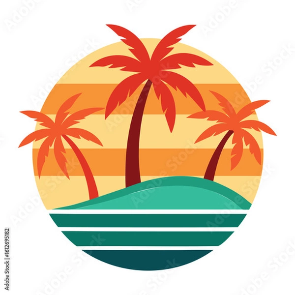 Obraz Tropical Beach Sunset Logo with Palm Trees – Flat Vector Design