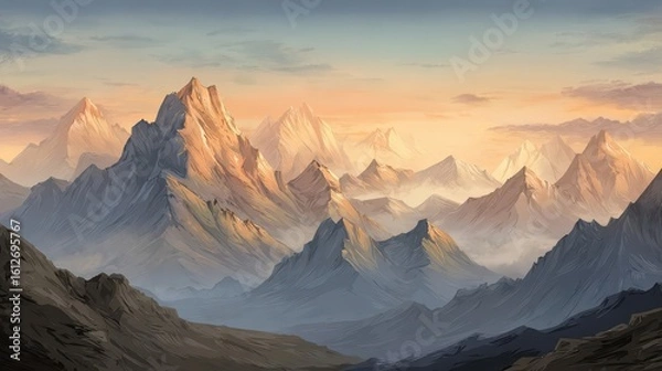 Fototapeta A vast panorama of rugged mountains at dawn.