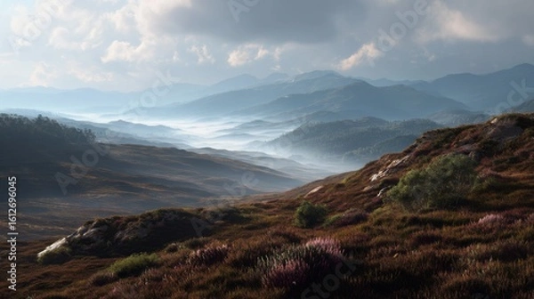 Obraz Scenic Mountain Landscape with Mist Rolling Over Green Hills and Vibrant Flora Under a Cloudy Sky at Dawn
