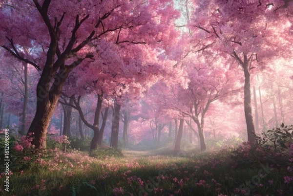 Fototapeta Serene Cherry Blossom Forest in Soft Pink Hues with Misty Background and Gentle Sunlight Filtering Through Tree Canopy