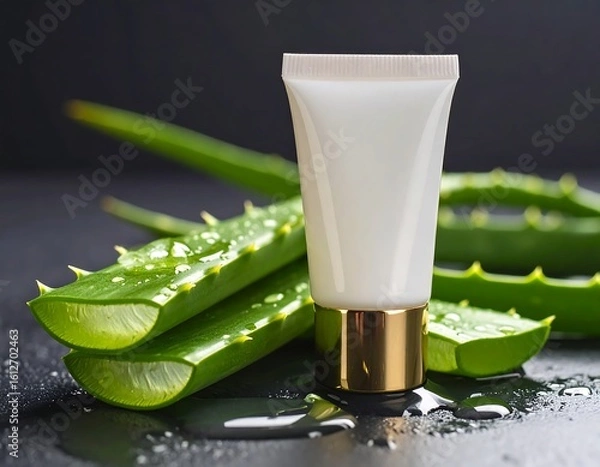 Obraz Aloe vera slices and a tube of cream