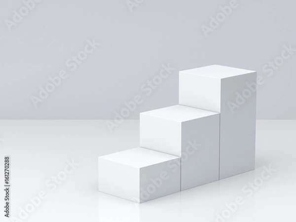 Obraz White cube boxes step with white blank wall background for display. 3D rendering.
