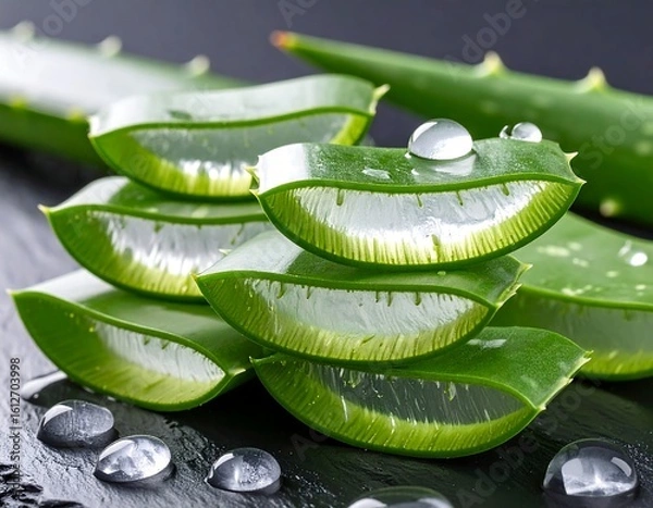 Fototapeta Aloe vera slices stacked on a dark surface