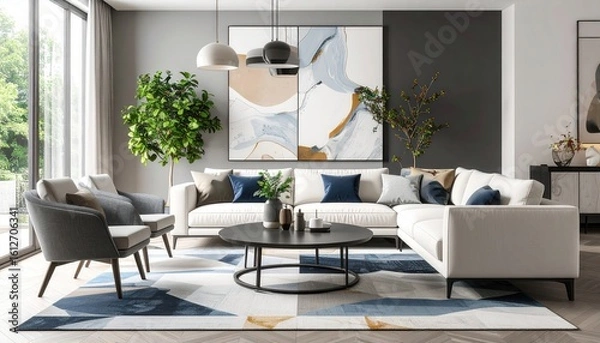 Obraz Modern Living Room Interior Design with Abstract Art and Geometric Rug