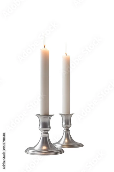 Fototapeta Two lit candles in elegant silver holders, isolated on transparent background. Ideal for romantic, ceremonial, spiritual, or decorative design elements.