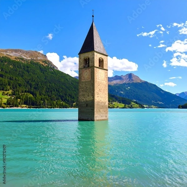 Obraz Alpine lake with submerged church tower
