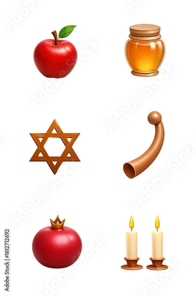 Fototapeta Set of Rosh Hashanah symbols including apple, honey jar, Star of David, shofar, pomegranate, and candle holder, isolated on white background. 3D icon-style illustrations.