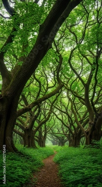 Fototapeta Enchanting forest path with gnarled ancient trees creating a natural archway of lush green foliage overhead