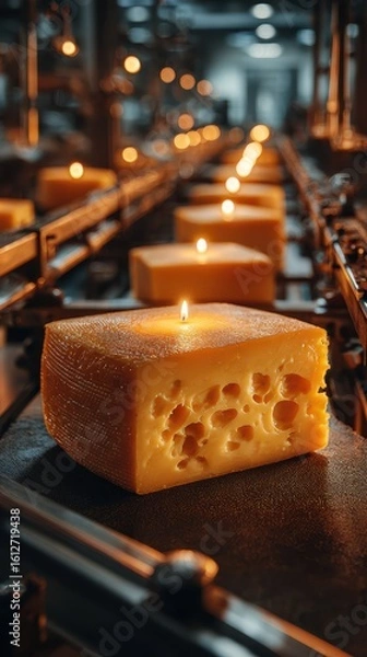 Obraz Cheese block with a candle in a warm, busy factory environment during the evening shift