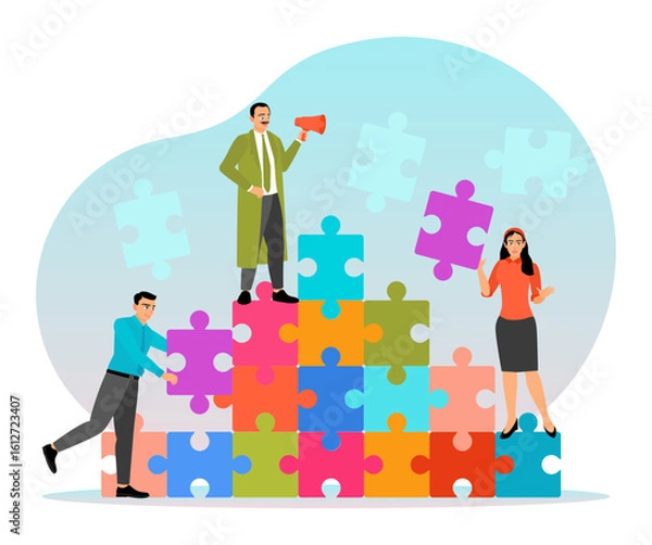 Fototapeta Business Concept. Team Collaboration Building Puzzle Pieces Symbolizing Teamwork and Creativity.