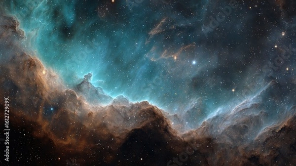 Obraz Cosmic nebula with cyan waves and starfield, sci-fi backdrop, tech poster, digital wallpaper, space exploration, astronomy, futuristic design, galaxy theme