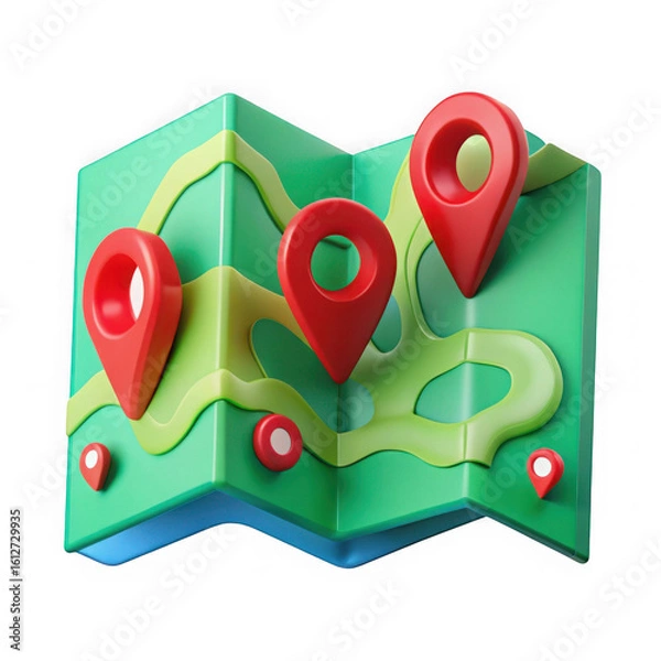 Obraz Cartoon map with location pins isolated on transparent background