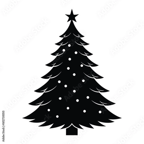 Fototapeta A Classic Black and White Silhouette of a Decorated Christmas Tree with a Star on Top, Perfect for Holiday Decorations  Designs.