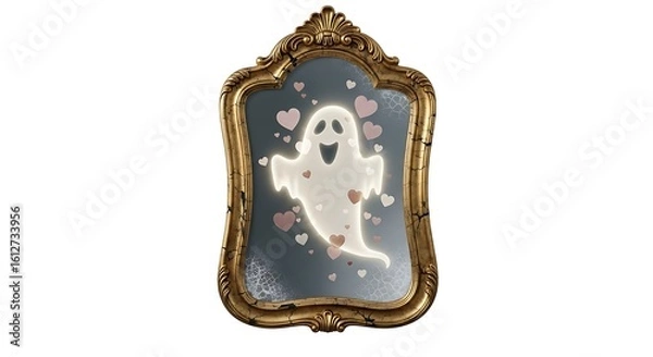 Obraz A vintage mirror reflecting a glowing ghost surrounded by pink hearts on a white background scene