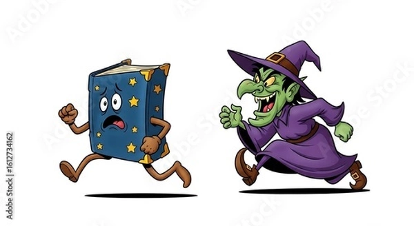 Obraz A cartoon book running away from a cartoon witch with a green face and a purple robe and hat in pursuit