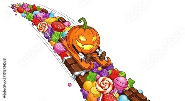Obraz A cartoon pumpkin character sledding down a candy and chocolate slide on a white background image art