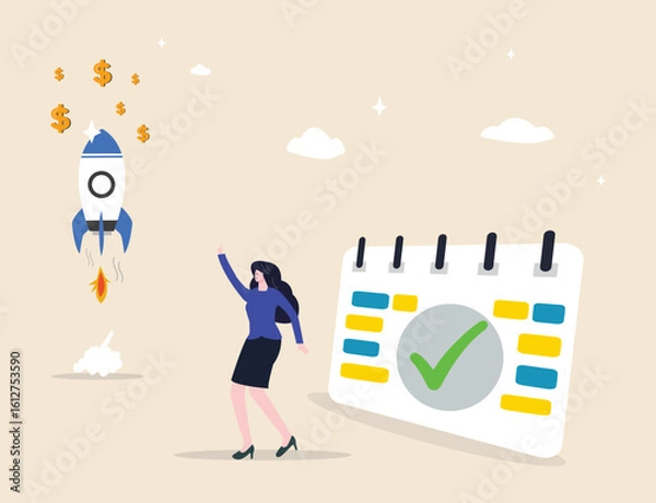 Obraz A startup or product launch symbolizing the outcome of strategic planning and hard work. Depicts an innovative venture, with a businesswoman launching a rocket, guided by a marked calendar start date.