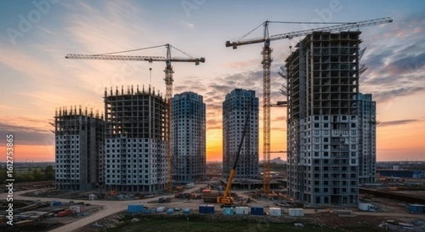 Obraz Skyscrapers under construction against a dramatic sunset sky with cranes