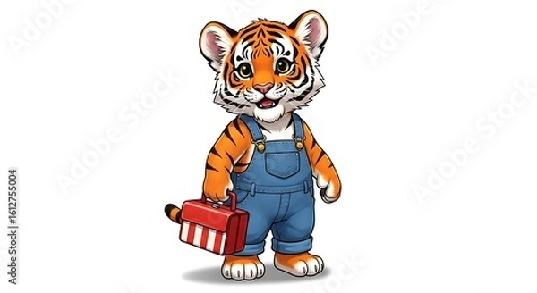 Obraz Cartoon tiger cub standing wearing overalls and holding a red and white striped toolbox illustration
