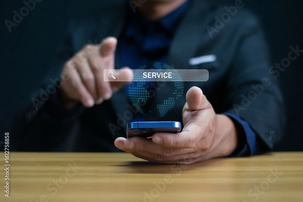 Fototapeta Customer Service and Support Businessman providing digital support with global communication icons Contact Us Page Online Help Desk