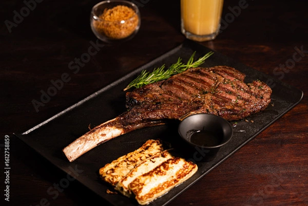 Obraz Grilled Tomahawk Steak with Rosemary and Halloumi Cheese – Gourmet Plate