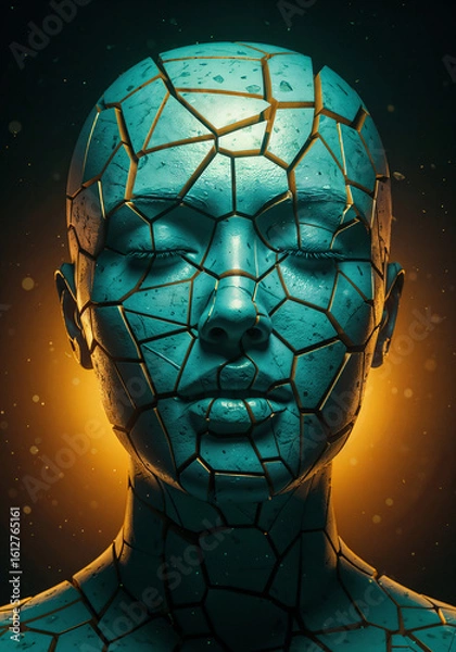 Fototapeta cracked sculpture of a woman illuminated with green light . Generative AI