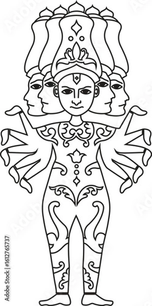 Fototapeta Visvarupa – Multi-Faced Divine Form of Krishna | Sacred Hindu Line Art Illustration