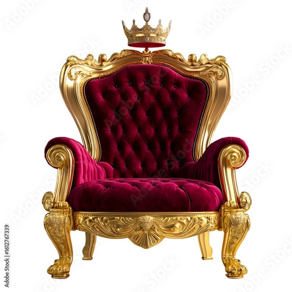 Obraz Luxurious ornate royal throne chair adorned with a golden crown, exuding opulent power and regal authority for prestigious designs.