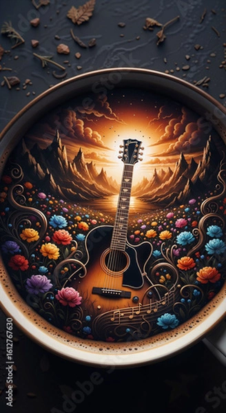 Fototapeta surreal art with guitar and flowers . Generative AI