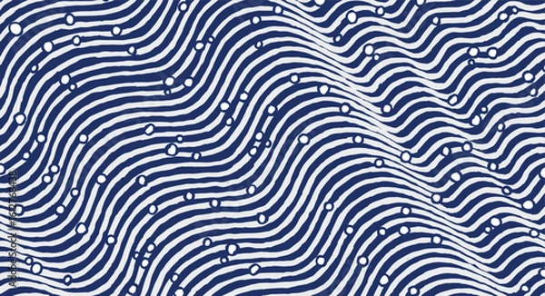 Fototapeta Hand drawn brush line abstract waves and water with bubbles pattern, Japanese and ethnic folk wood carving, block print distressed texture background, simple graphic for textile and eco friendly desig