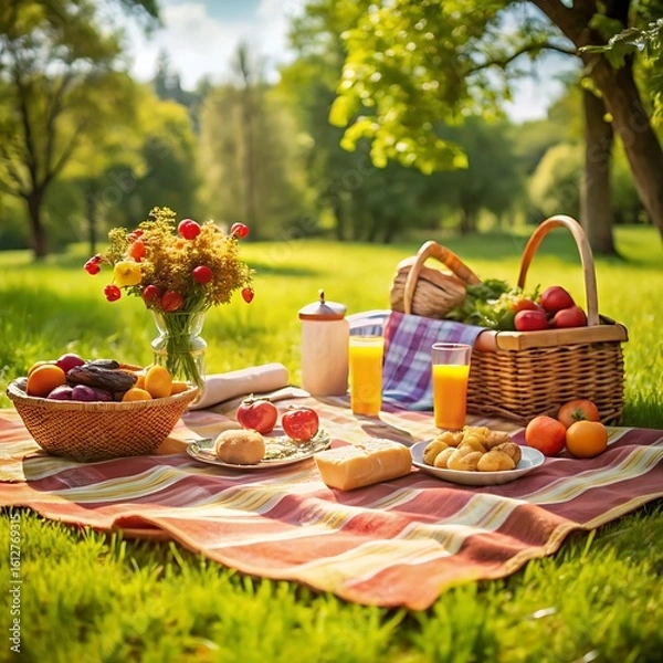 Fototapeta A picnic photo, fruits and drinks and some kind of foods on the cloth 