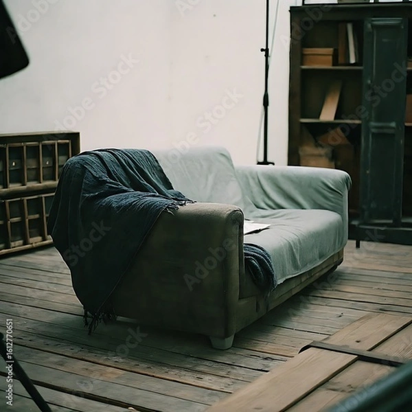 Fototapeta A sofa in middle of the house covered by some clothes, designed flor