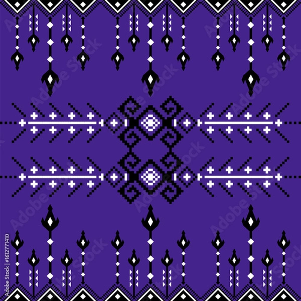 Obraz A symmetrical, pixel-art style pattern in black, white, and purple featuring geometric shapes and arrows, with a bold and intricate tribal-inspired design.