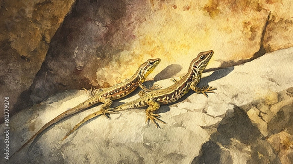 Obraz Watercolor lizards basking on sunlit rock