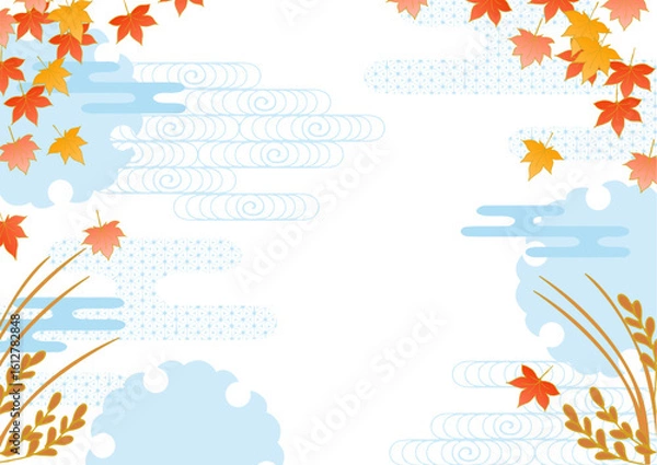 Obraz 和柄 シンプルで上品な紅葉柄フレームベクター背景透過 水色 Japanese pattern Simple and elegant autumn leaves pattern frame vector background Transparent sky blue
