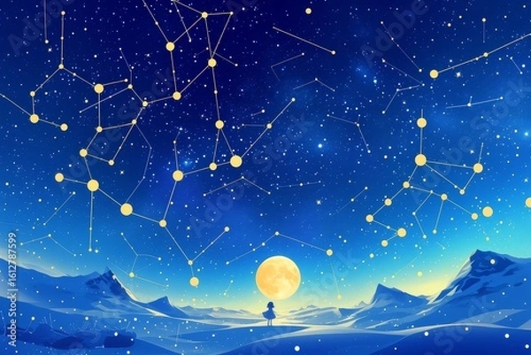 Fototapeta Night sky landscape with Big Dipper and Orion constellations connected by dotted lines, sparse star clusters, and smiling moon character in uniform line weight.