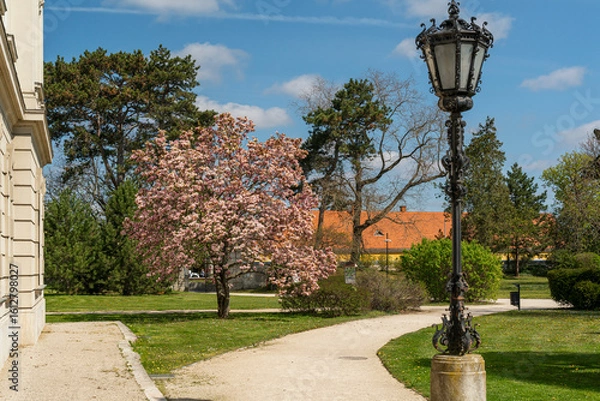 Fototapeta Festetics castle in Keszthely, Hungary at springtime. Amazing bloomind flowers and trees are in the garden. The grass is green.
